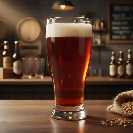 Classic American pint glass featuring a refreshing dark amber or red ale with thick white foam, sitting on a rustic wooden pub counter, surrounded by brewing ingredients and bottles.