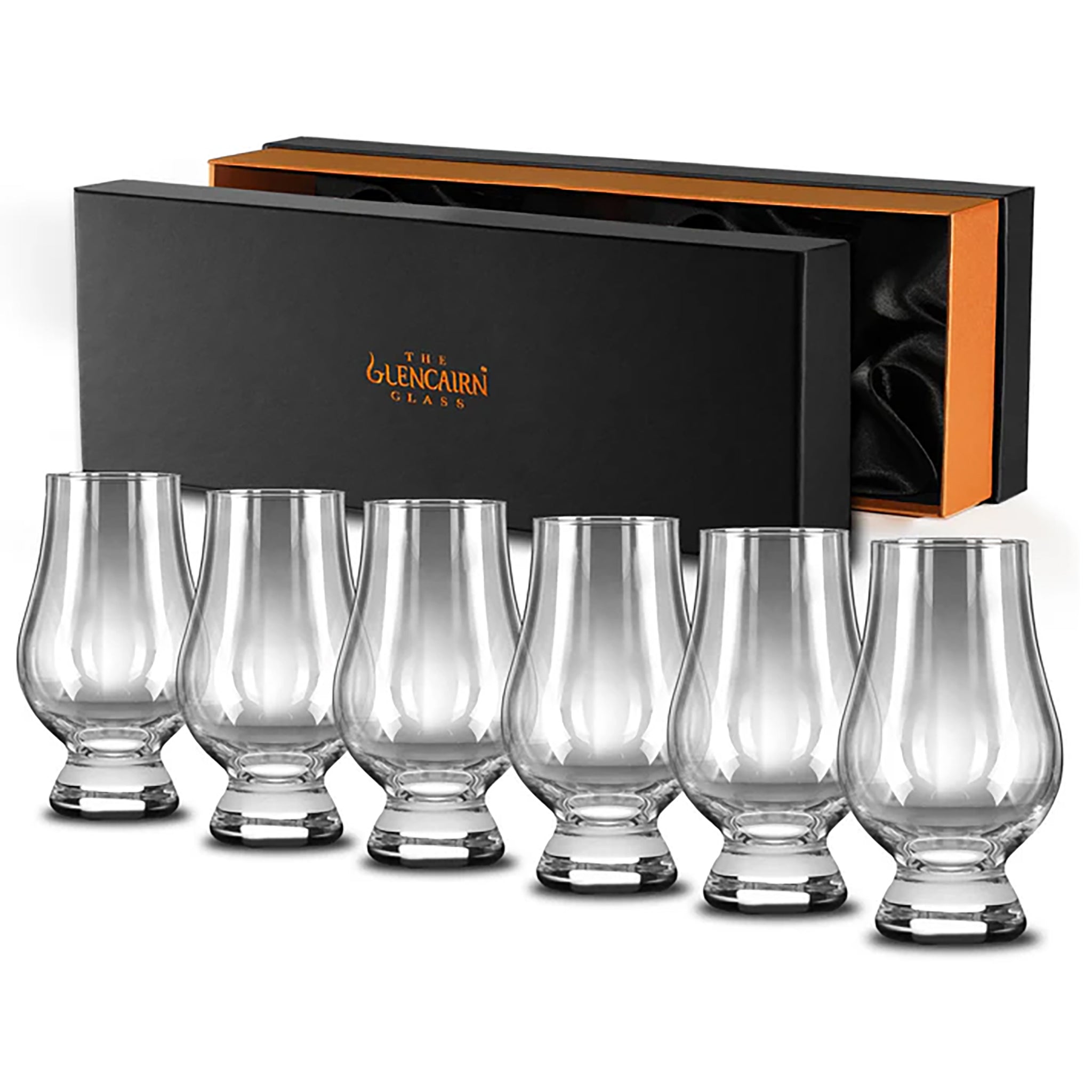 Set of six Glencairn whisky glasses with a branded box on a white background