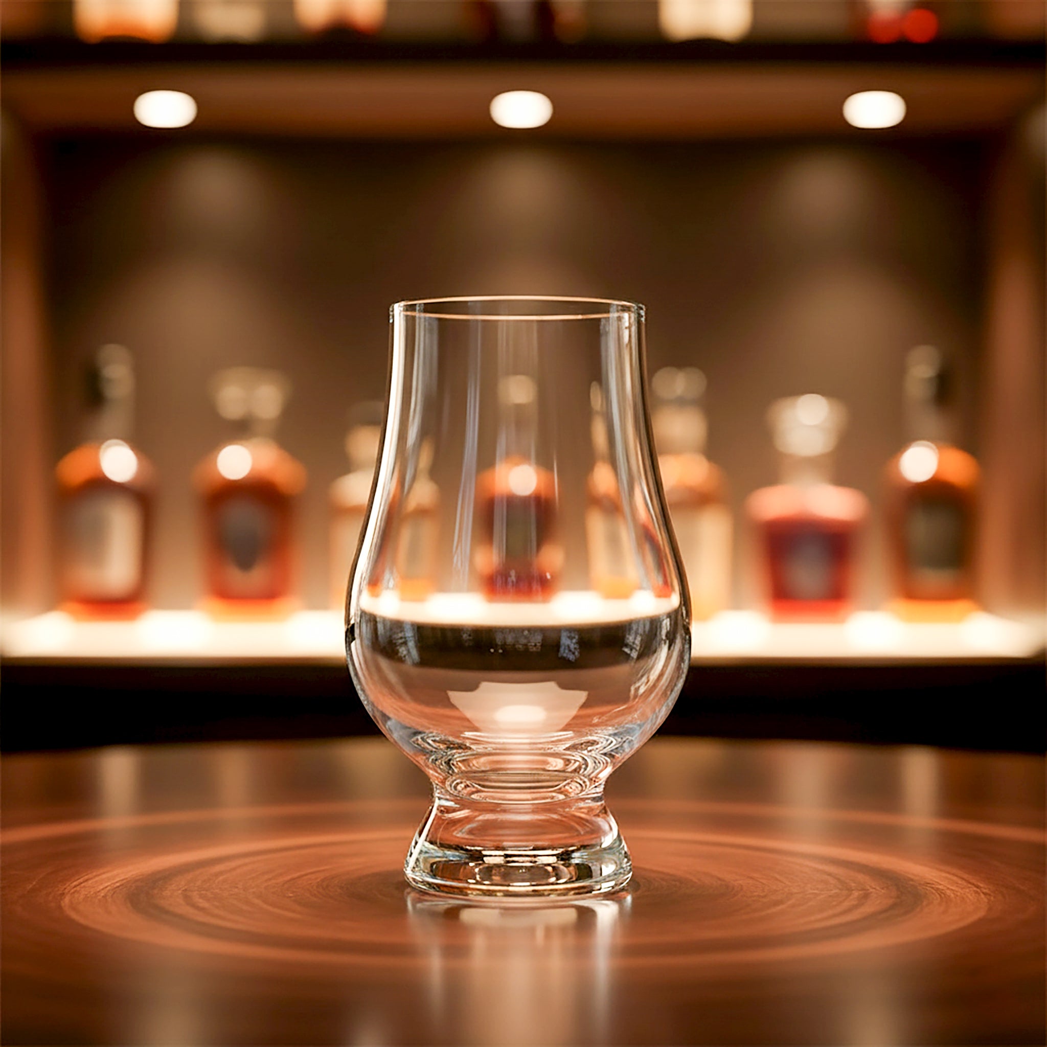 Glass of whiskey on a wooden surface with blurred bottles in the background