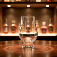 Glass of whiskey on a wooden surface with blurred bottles in the background