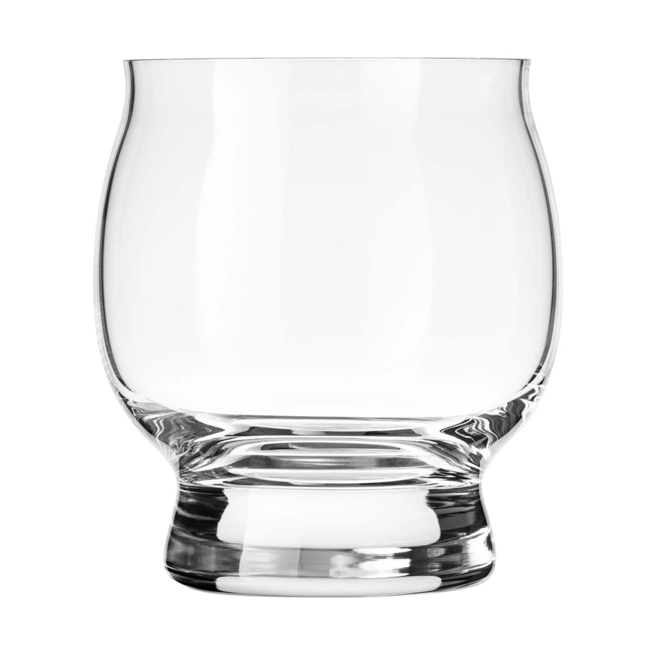 Elegant clear whiskey glass with a rounded body and sturdy base, crafted to enhance aroma and sipping comfort