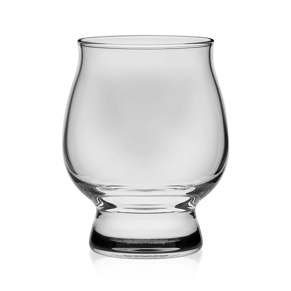 Clear whiskey glass with a rounded bowl and sturdy base, designed for enhancing aroma and sipping comfort