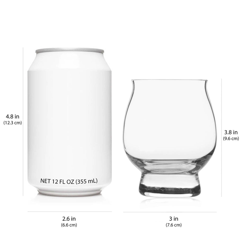 Size comparison of a whiskey glass beside a 12oz can, showing its compact 3.8-inch height and curved design