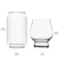 Size comparison of a whiskey glass beside a 12oz can, showing its compact 3.8-inch height and curved design