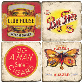 Set of four vintage-style cigar label coasters featuring bold retro typography and colorful artwork, including designs like 