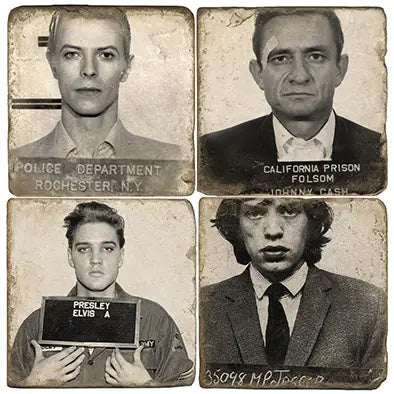 Mugshot coasters featuring David Bowie, Johnny Cash, Elvis Presley, and Mick Jagger. Rock and roll barware gift set