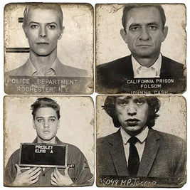 Mugshot coasters featuring David Bowie, Johnny Cash, Elvis Presley, and Mick Jagger. Rock and roll barware gift set