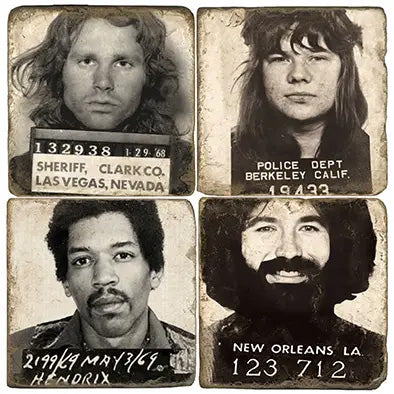 Coaster set with Jim Morrison, Jimi Hendrix, Jerry Garcia, and Janis Joplin. Vintage mugshot drink coasters