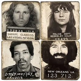 Coaster set with Jim Morrison, Jimi Hendrix, Jerry Garcia, and Janis Joplin. Vintage mugshot drink coasters