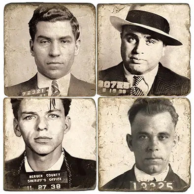 Mugshot coasters featuring Al Capone, Lucky Luciano, Frank Sinatra and John Dillinger. Vintage gangster drinkware accessories