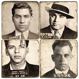 Mugshot coasters featuring Al Capone, Lucky Luciano, Frank Sinatra and John Dillinger. Vintage gangster drinkware accessories