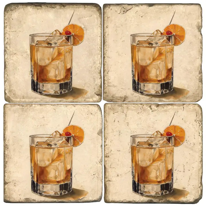 Set of four vintage-style coasters featuring an old fashioned cocktail illustration with orange slice and cherry garnish