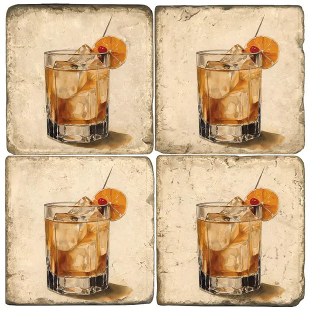 Set of four vintage-style coasters featuring an old fashioned cocktail illustration with orange slice and cherry garnish