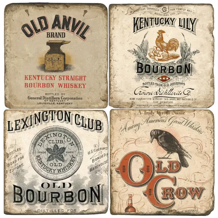 Set of four vintage-style bourbon coasters featuring distressed whiskey label designs with bold typography and rustic charm