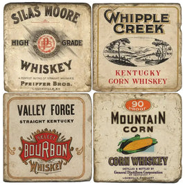 Set of four vintage-style whiskey label coasters featuring classic Kentucky bourbon and corn whiskey designs