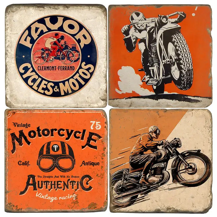Set of four vintage-style motorcycle coasters featuring bold retro racing graphics and distressed antique designs