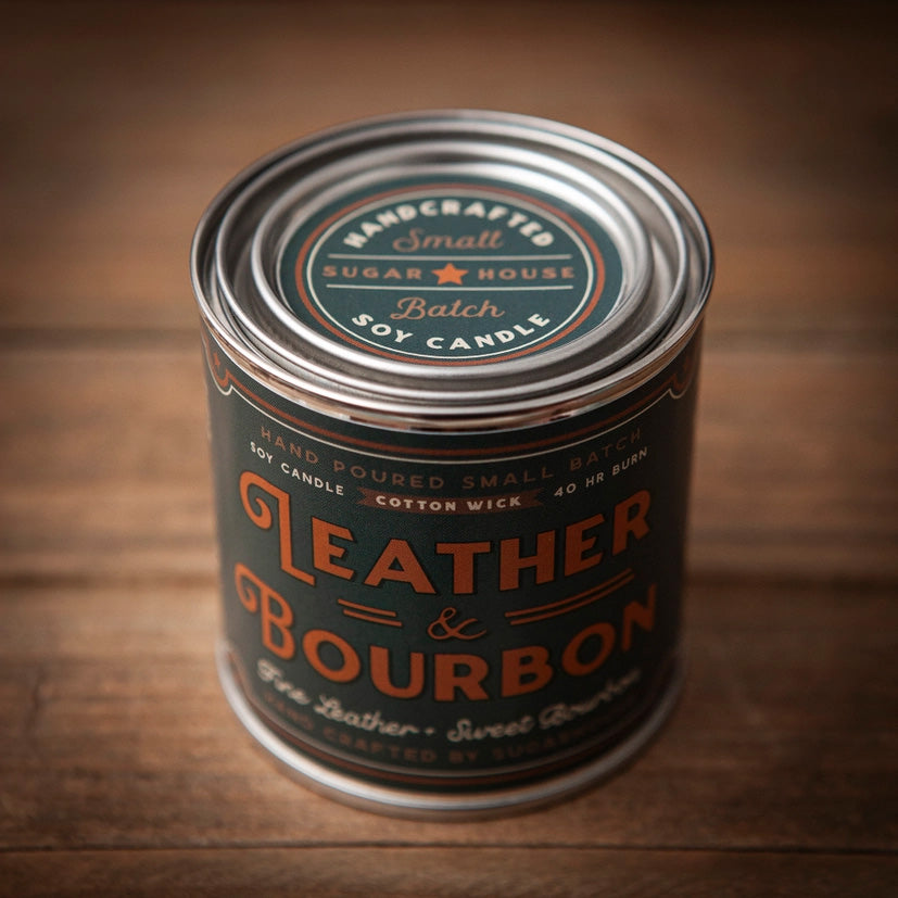 Sugarhouse Leather & Bourbon soy candle in 8oz metal tin. Dark green and orange vintage-style label with text: Handcrafted small batch, hand poured, cotton wick, 40 hour burn. Rustic wood table background