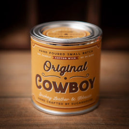 Sugarhouse “Original Cowboy” soy candle in a yellow tin with bold western-style lettering. The label highlights “Smokey Leather & Tobacco” scent, “Hand Poured Small Batch,” and “Cotton Wick, 40-hour burn
